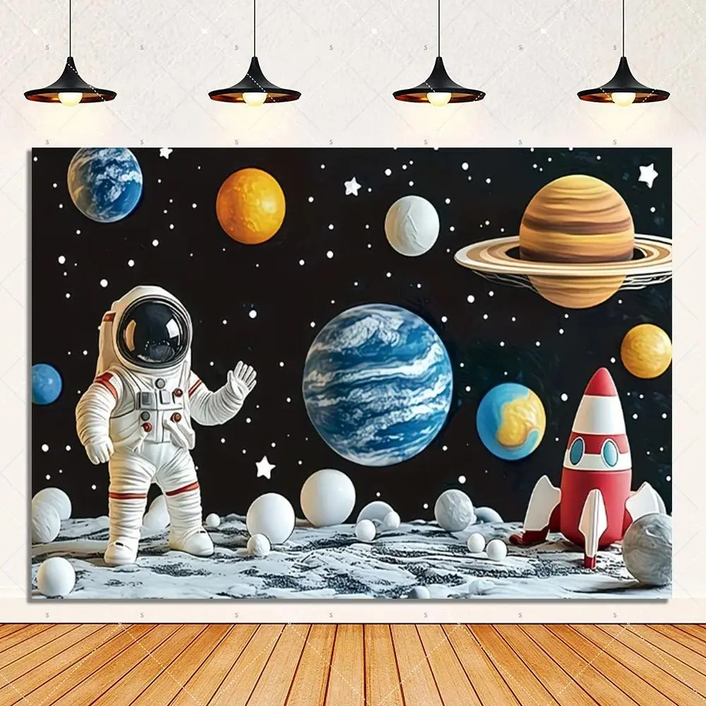 Lightweight Retro Cartoon Astronaut Space Backdrop - Multi-Size Photo Booth Decor, Festive Banner & Photography Prop for Birthday Themed Events, Birthday Themed Backdrops, Photo Booth Backdrop