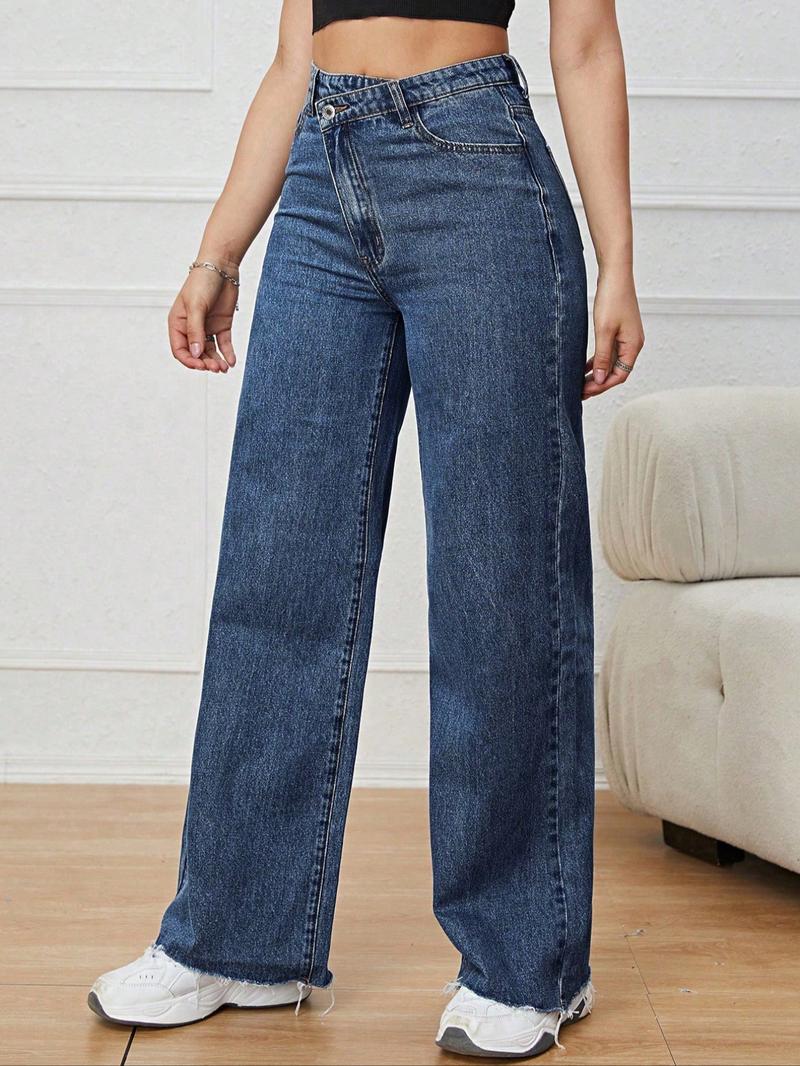 Women's Vintage Denim Jeans, Diagonal Button Design, Ultra-Long Straight Wide Leg, Casual Style, All Seasons Daily Wear