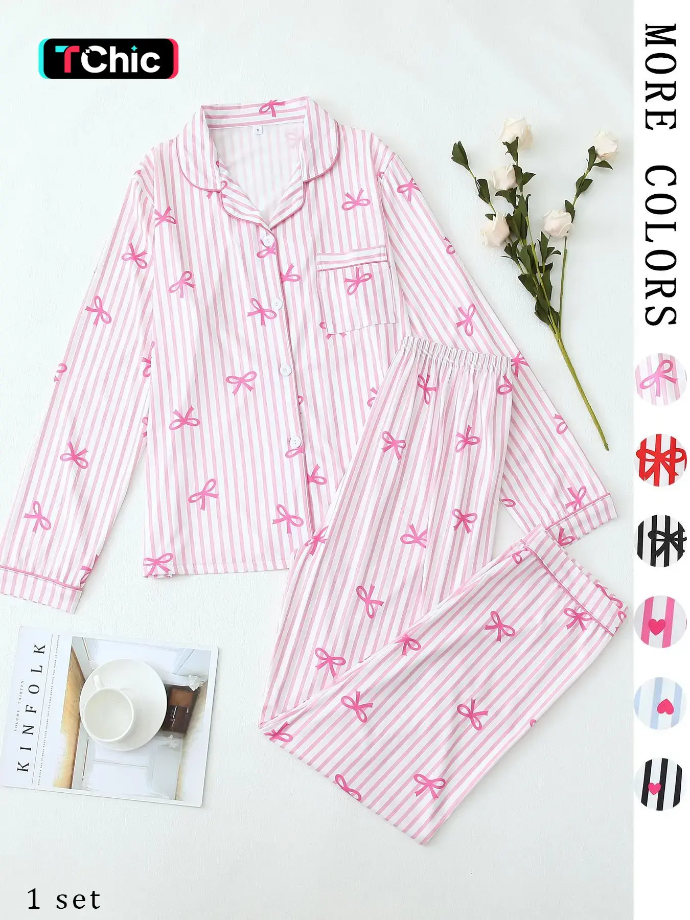 Chic Loungewear Set for Women，Women's Comfortable Cute Elastic Striped Bow Lapel Shirt and Pants Two-Piece Knit Sleepwear Set, Long Sleeve, Casual Spring & Fall，Cozy Home Wear for WFH & Lazy Days，Gift for Her
