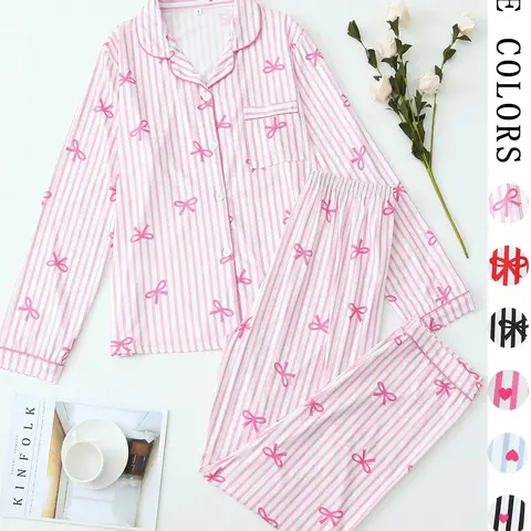 Chic Loungewear Set for Women，Women's Comfortable Cute Elastic Striped Bow Lapel Shirt and Pants Two-Piece Pajamas Sleepwear Set, Long Sleeve, Casual Spring & Fall，Cozy Home Wear for WFH & Lazy Days，Gift for Her