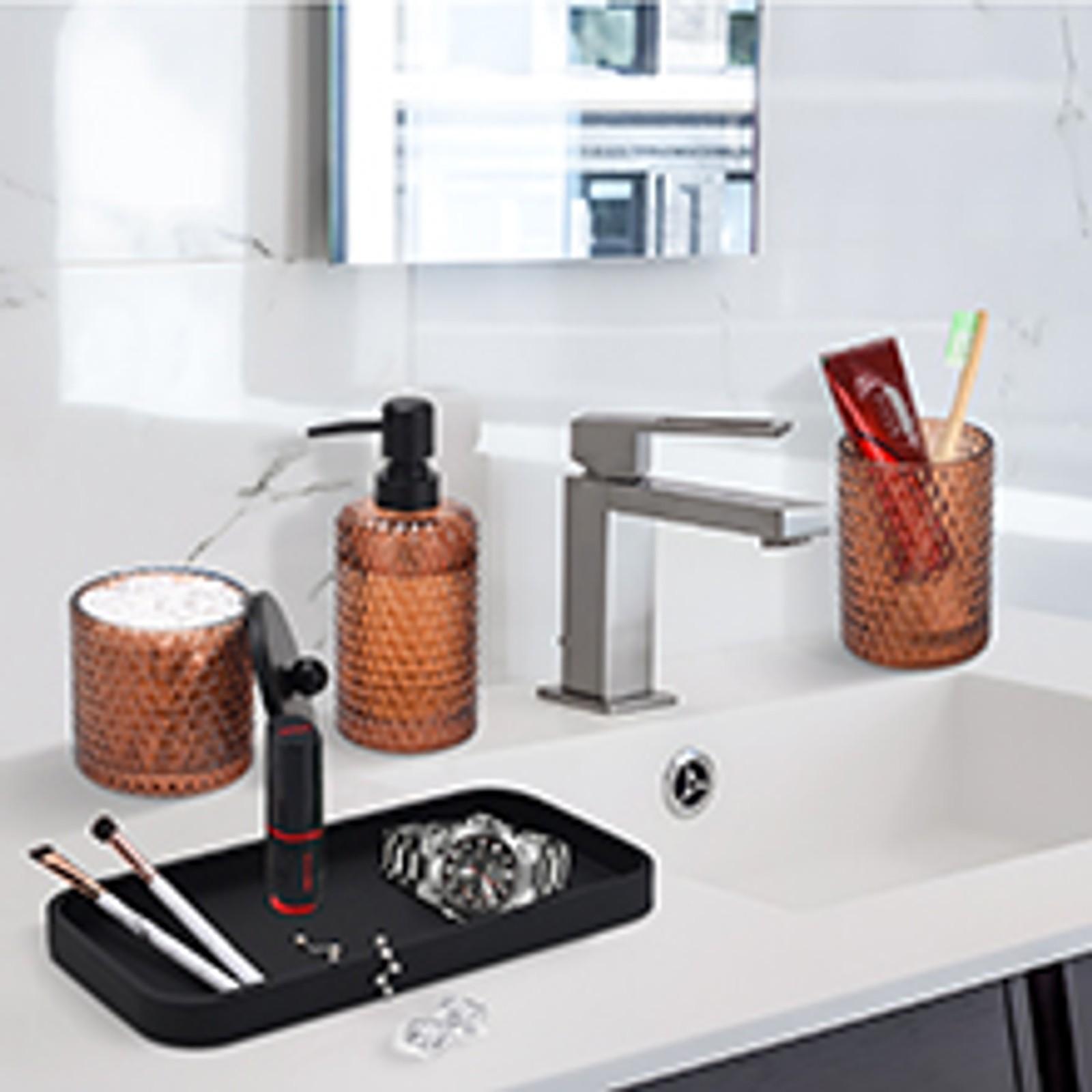 Bathroom Accessory Set,4 Pcs Clear Glass Bathroom Accessories Set-Lotion Soap Dispenser,Toothbrush Holder,Qtip Holder Dispenser & Resin Vanity Tray,Countertop Vanity Organizer,Crystal Clear