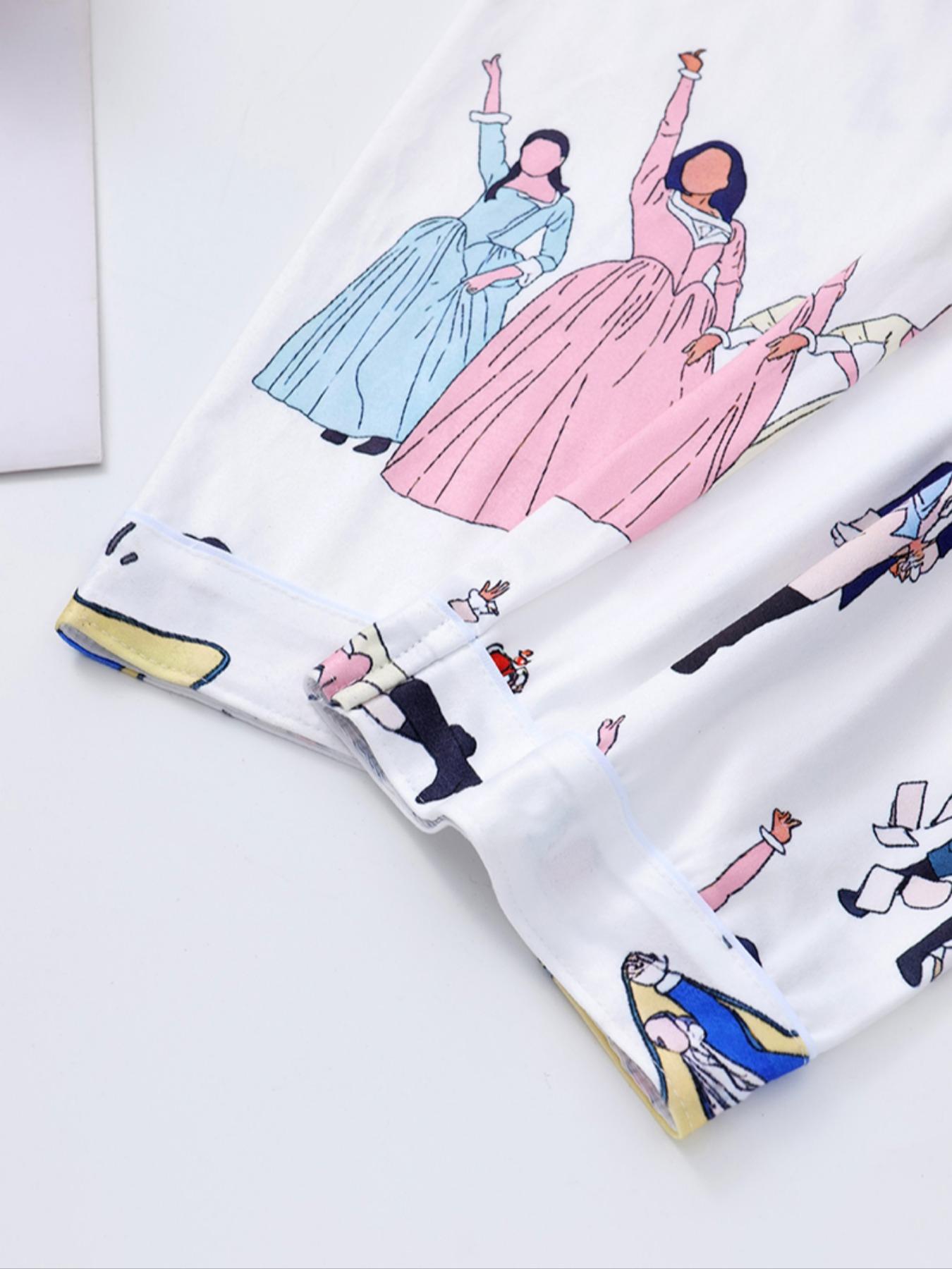 Women's Hamilton Music Print Pajama Set, Casual Comfy Pajama, Short Sleeve Shirt Collar with Buttons, Soft Comfortable Casual Homewear for All Seasons