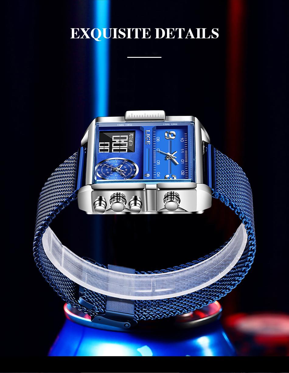 LIGE Men's Square Watch – Multifunctional Dial, 30M Water-Resistant, Luminous，Outdoorfun Fathersdaygift