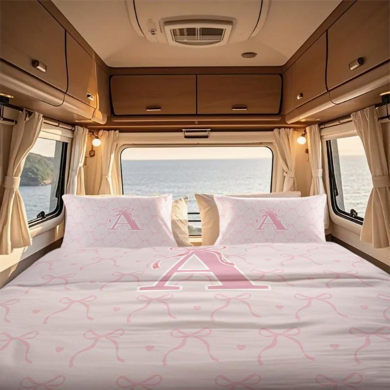 Pink Bow Print Bedding Set, Fashion A-Z Letter Print Design, Includes 1 Duvet Cover and 1/2 Pillowcase, No filling/Zipper Closure, Perfect Creative Bedroom Decoration Kit for Girls, Full Size, Bedsheet Sets