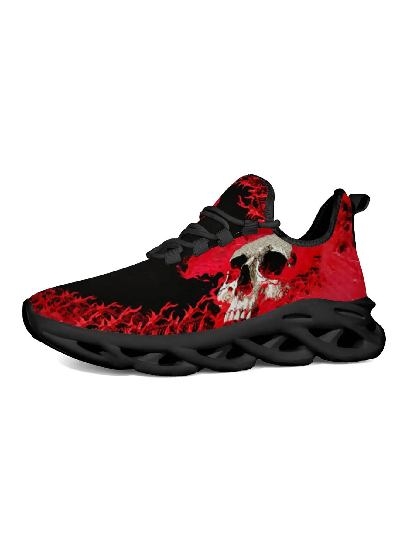 Men's Flame Skull Trendy Casual Sports Shoes, Gothic Rock Style, Gradient Print, Lightweight Hollow Out, Streetwear Fashion