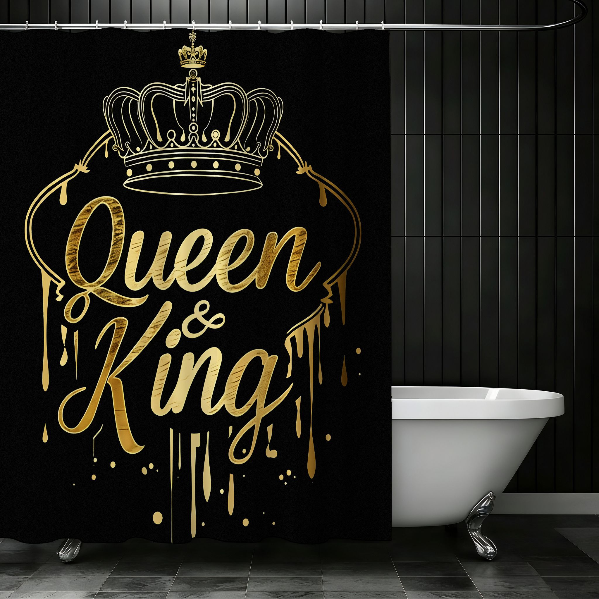 Luxurious Shower Curtain with Design, Queen & King Cursive, Crown Illustration, Ideal for Regal Bathroom Decor