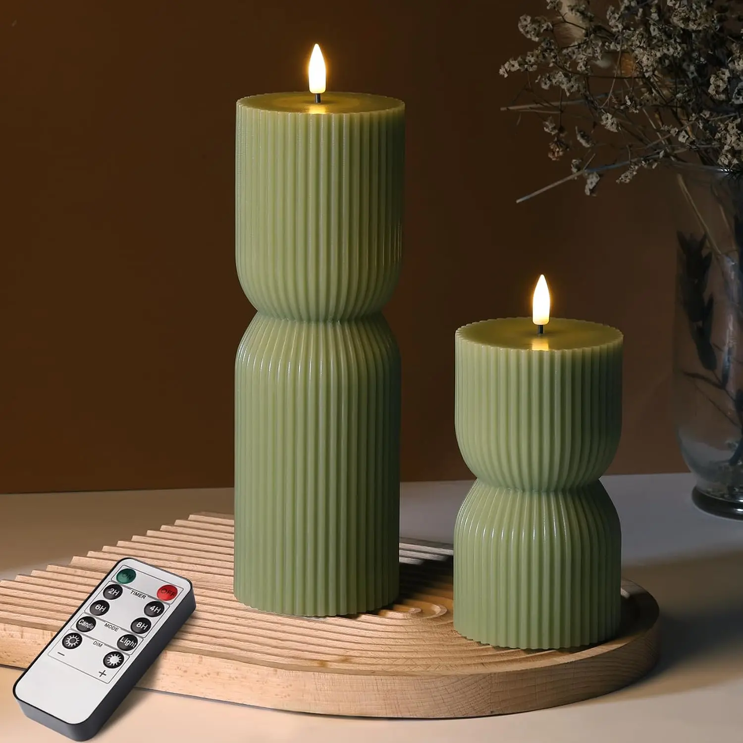 Ribbed Flameless Pillar Candles with Remote, Olive Green, Set of 2