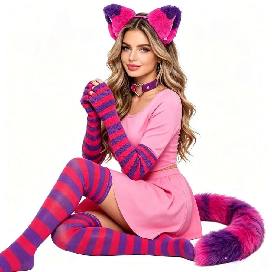 5pcs Pink & Purple Striped Cat Costume Set, Including Cat Ears + Fluffy Tail + Striped Arm Sleeves, Socks & Skirt, Suitable For Halloween Cosplay