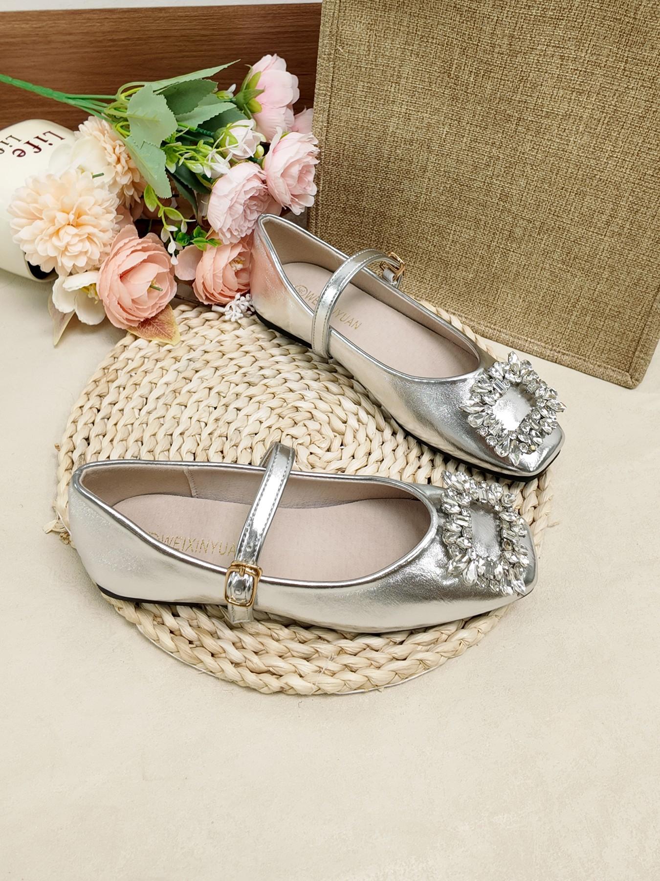 French Square Toe Mary Jane Shoes, Rhinestone Buckle Strap Flat Shoes, Soft Sole Casual Women's Shoes for Office and Dating