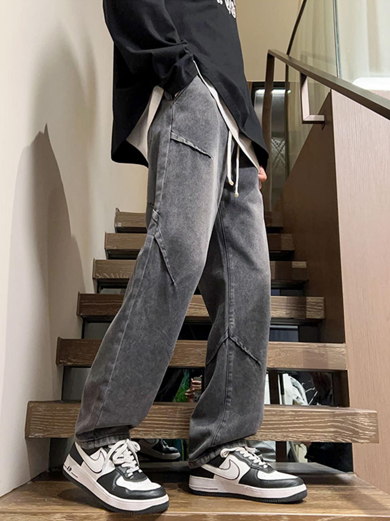 Men’s Light Blue Washed Jacquard Baggy Jeans with Drawstring Waist and Asymmetric Panel Details, Wide Leg Streetwear Denim Pants