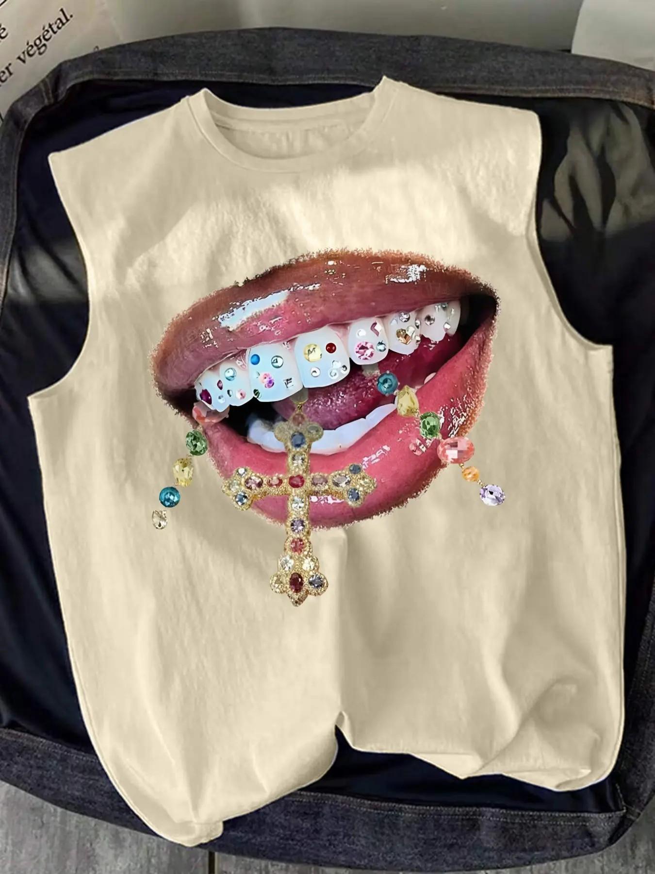 Gothic Sleeveless Top with Rhinestone Lips Cross Jewelry, Fitted Long Casual Graphic Shirt, No Zipper or Button, Made in China