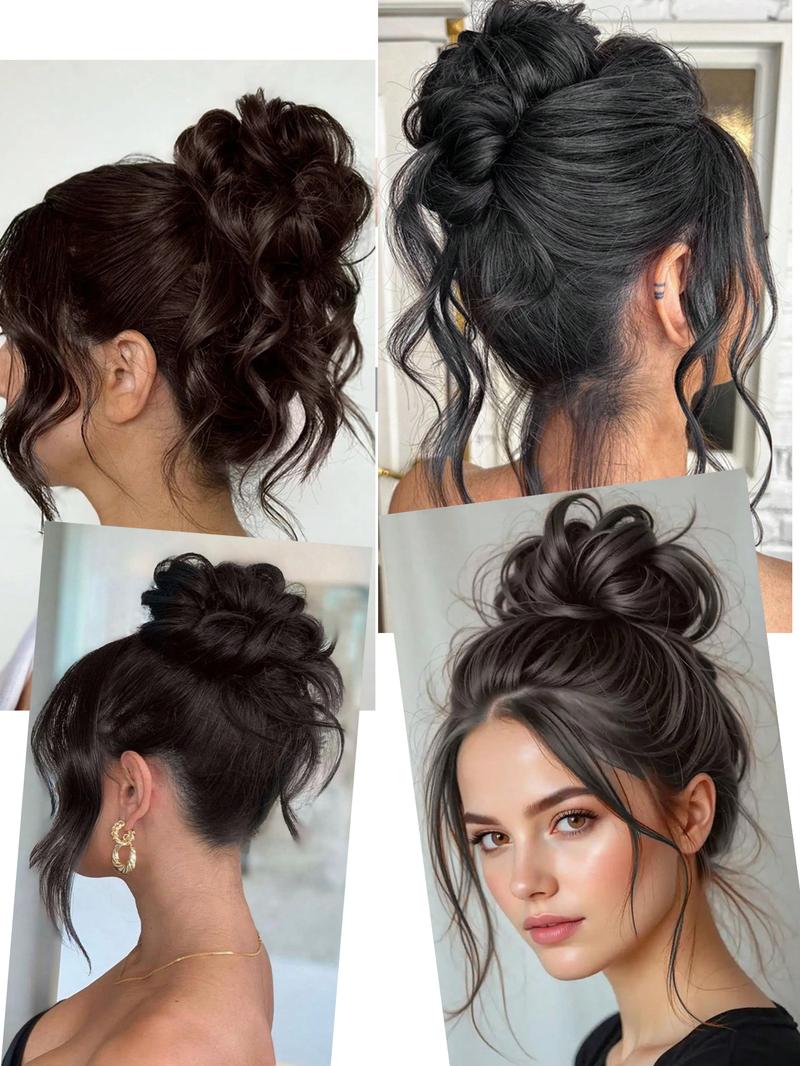 2 Piece Bun Set Messy Updo Bun Hair Loop Fake Hair with Braid Elastic Hair Accessory Tail Ladies Soft Synthetic Hair Synthetic Curly Ponytail Curly Wave Hair Coil Thick Updo Hair Loop Everyday Synthetic Bun Natural Hair Color