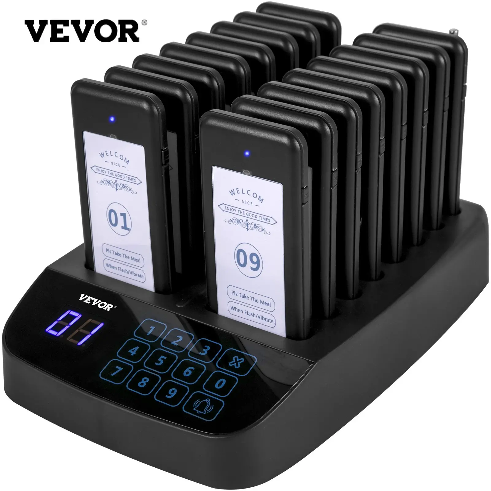 VEVOR F101 RF Wireless Restaurant Pager System - 16 ABS Plastic Rechargeable Pagers, 300-500m Range, Touch Keyboard, Multi-Mode Alert (Vibration, Flashing, Buzzer) for Hospital, Hotel