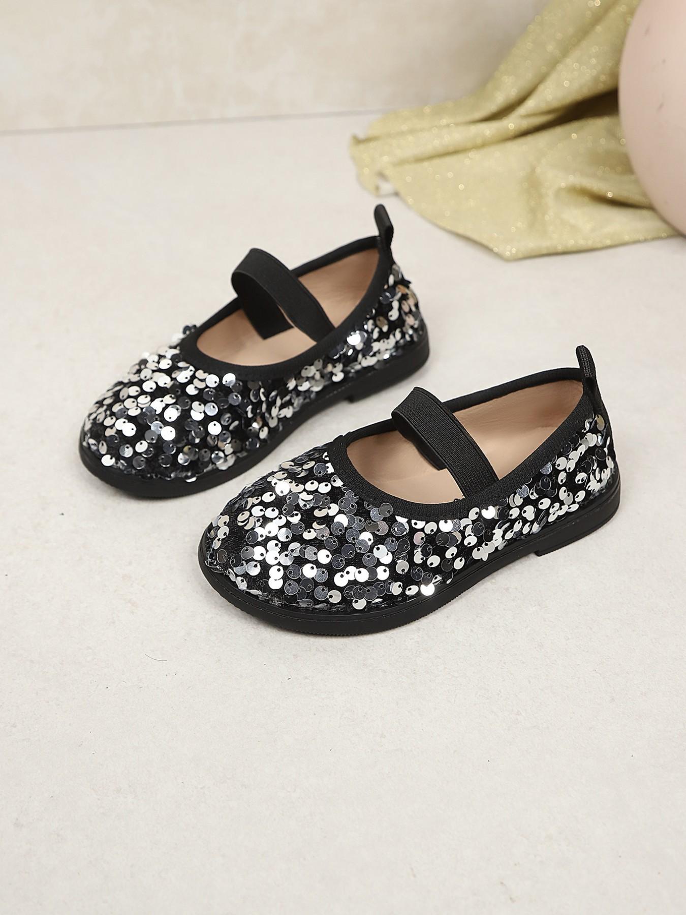 Sparkly Sequin Mary Jane Shoes for Girls, Cute PU Leather Dress Shoes, Princess Party Flats, Less Than Ankle Height, Rubber Sole