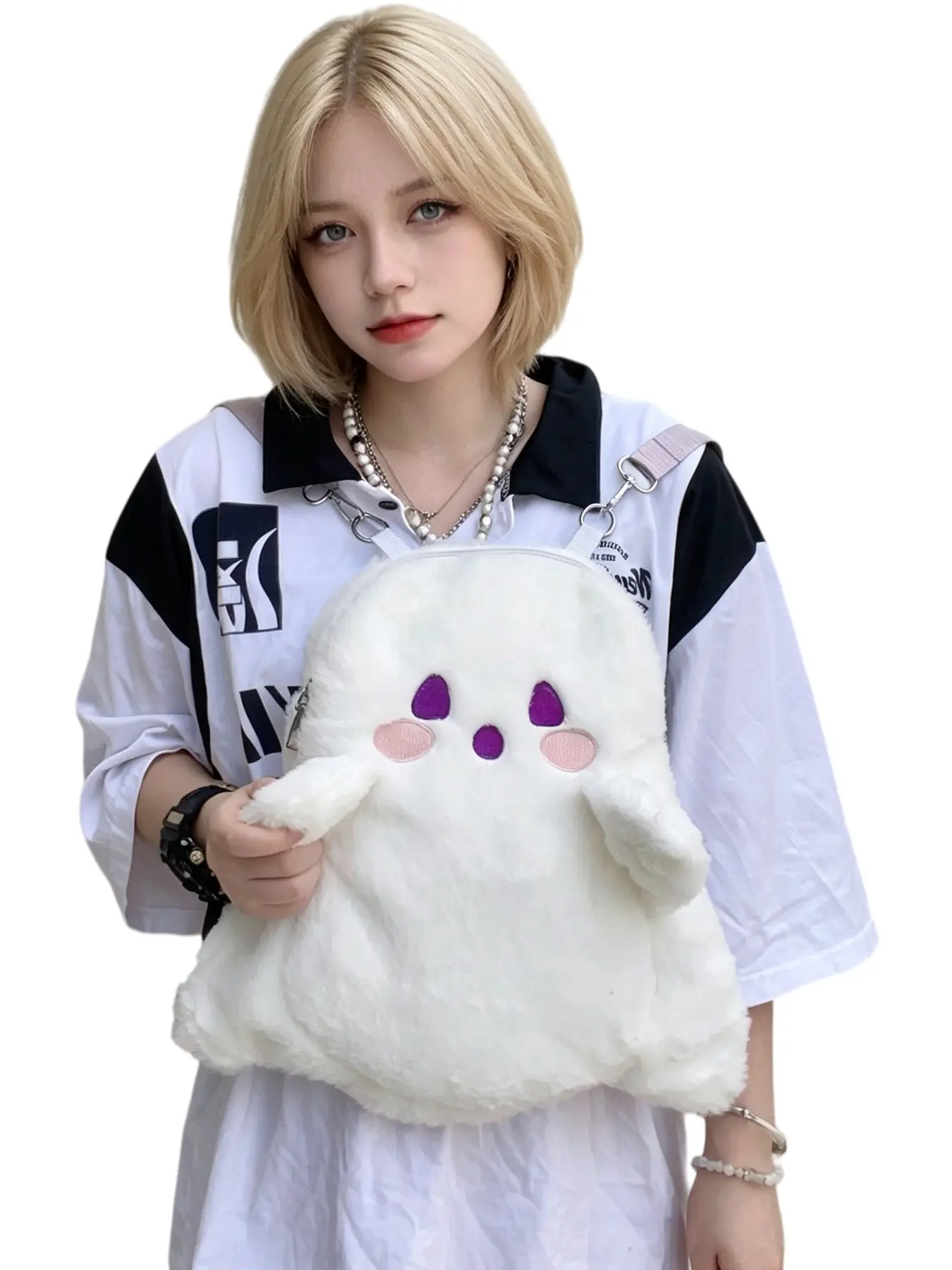 Ghost Design Women's Backpack, Halloween Bag, Cute Plush Shoulder Bag, Fluffy Backpack, Creative Phone Wallet, Adjustable Strap, Daily Casual Small Backpack, Gift