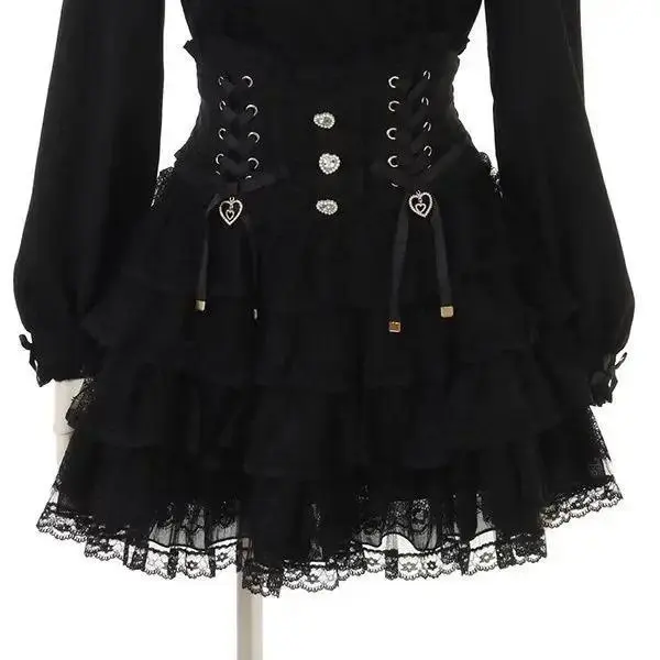 Japanese Lolita Lace Layered Skirt Women Anime High Waist Maid Style Sweet Ruffle Cake Skirt Kawaii Harajuku A-Line Mini Skirt