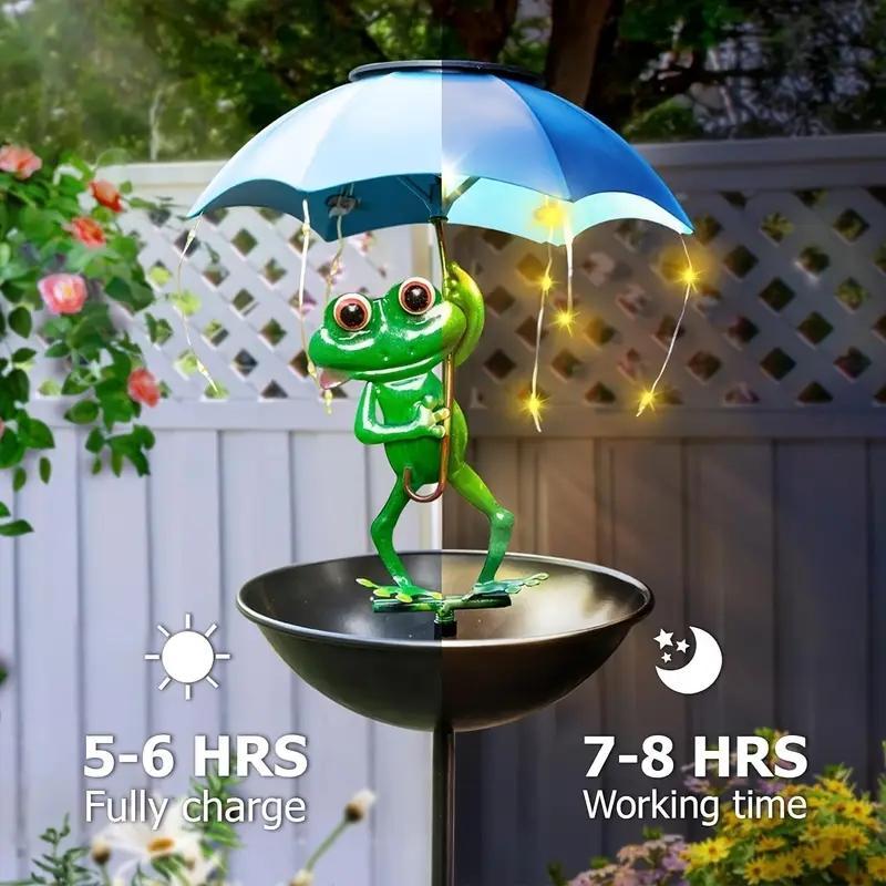 Solar LED Frog Umbrella Light with Bird Feeder, Outdoor Garden Decoration, Garden Decorative Lighting, Weather-Resistant Metal Design, Crystal Decor, Yard Enhancement