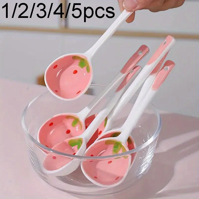 Cute Strawberry Ceramic Spoon Set, Reusable Long Handle Ice Cream Scoop, Hand-Painted Pink Design, Durable for Home & Cafe