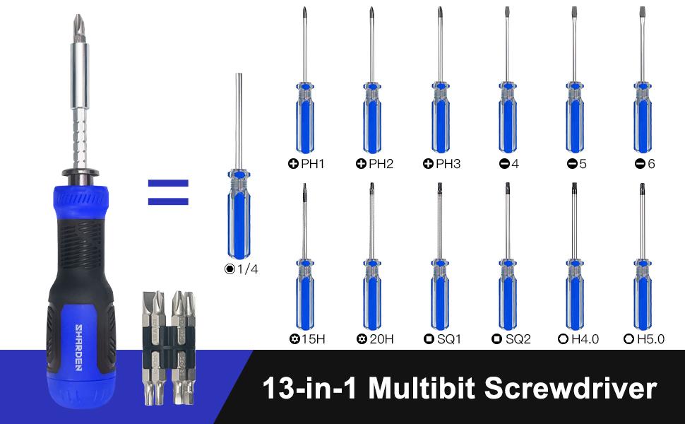 SHARDEN Multibit Screwdriver 13-in-1 Screw Driver Set Adjustable Extension Screwdriver Multitool All in One with Torx Security, Flat Head, Phillips, Hex, Square and 1/4 Nut Driver