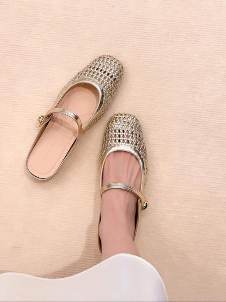 Women's Square Toe Woven Hollow Out Casual Shoes, PU Leather Upper, Rubber Sole, Medium Width, All Season Fashion Sneakers