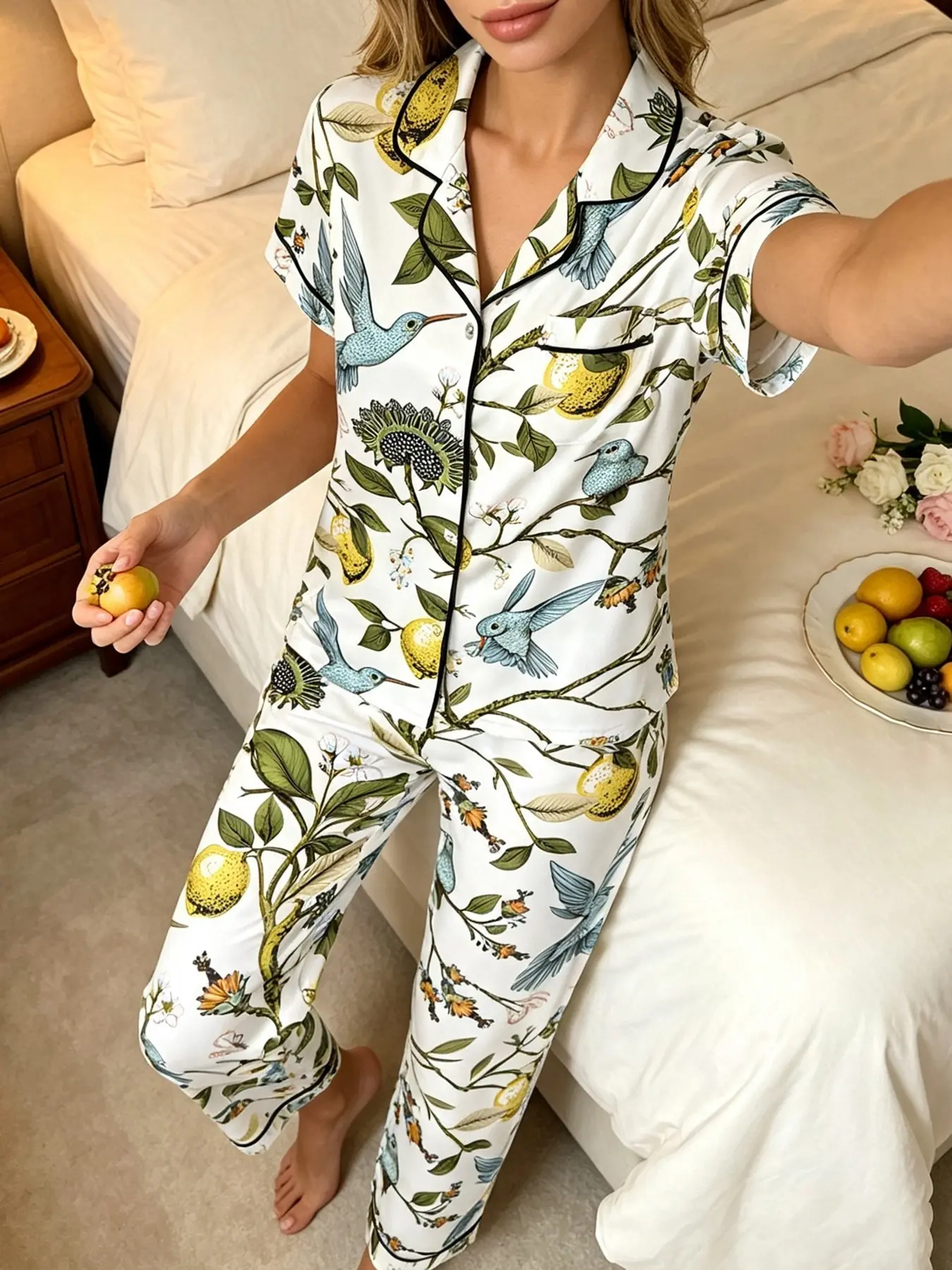 Women's Short Sleeve Pajama Set, 2-Piece Home Wear, Lemon Tree Bird Print, Casual Slim-Fit, All Seasons, Ankle Length, Contrast Binding