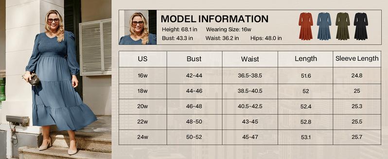 Hanna Nikole Women's Plus Size Dresses Long Sleeve V Neck Maxi Smocked Fall Casual Flowy Tiered Dress with Pockets