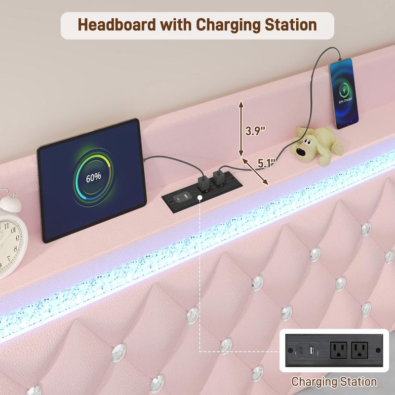 Floating Twin/Full/Queen Bed Frame with LED Light, Upholstered Platform Twin Bed with Charging Station & Wingback, Diamond Tufted Storage Headboard & Footboard, PU Leather, No Box Spring Needed, White/Pink