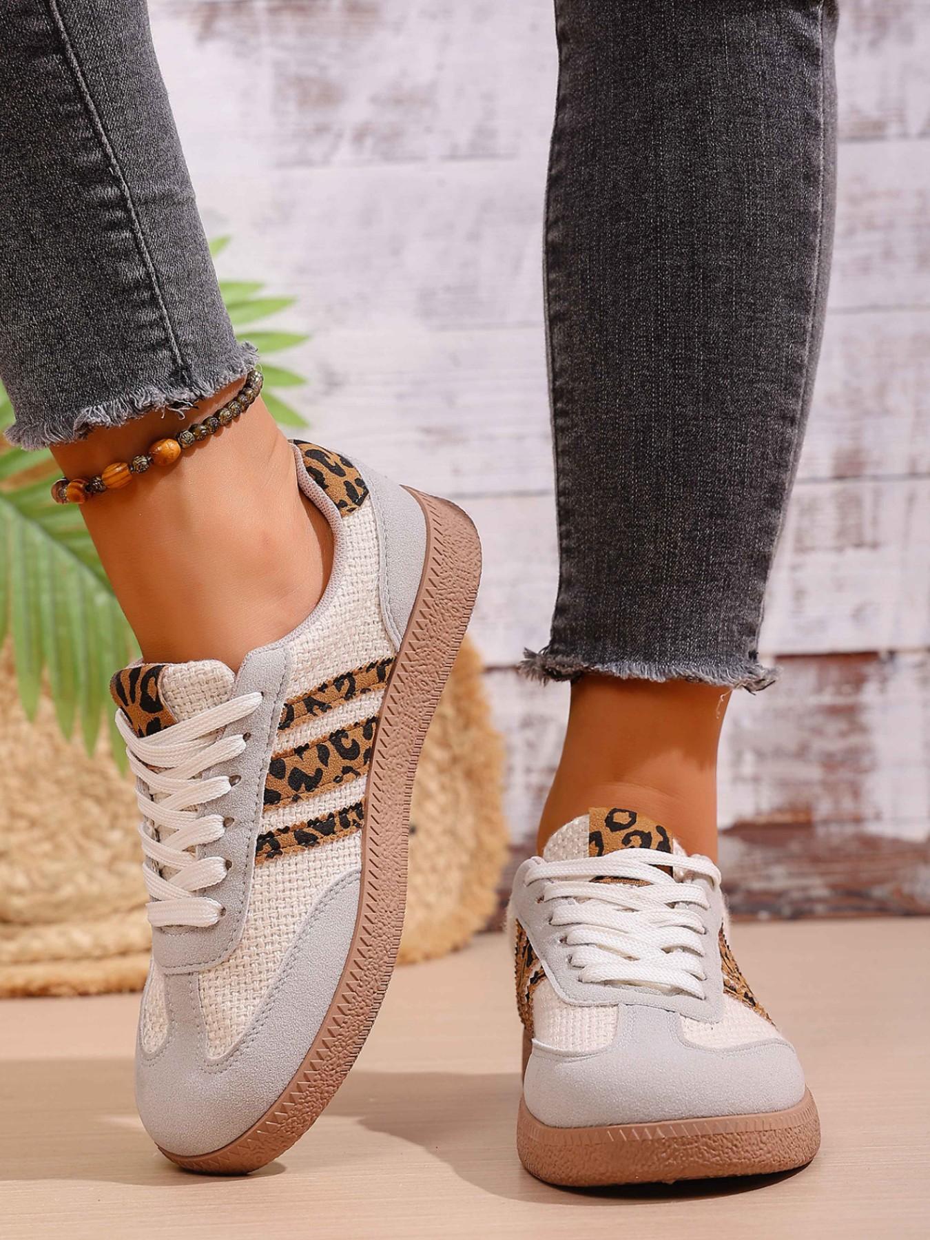 Leopard Print Patchwork Training Shoes, Vintage Three Stripe Casual Agony Shoes, Versatile Women's Footwear, Trendy and Comfortable