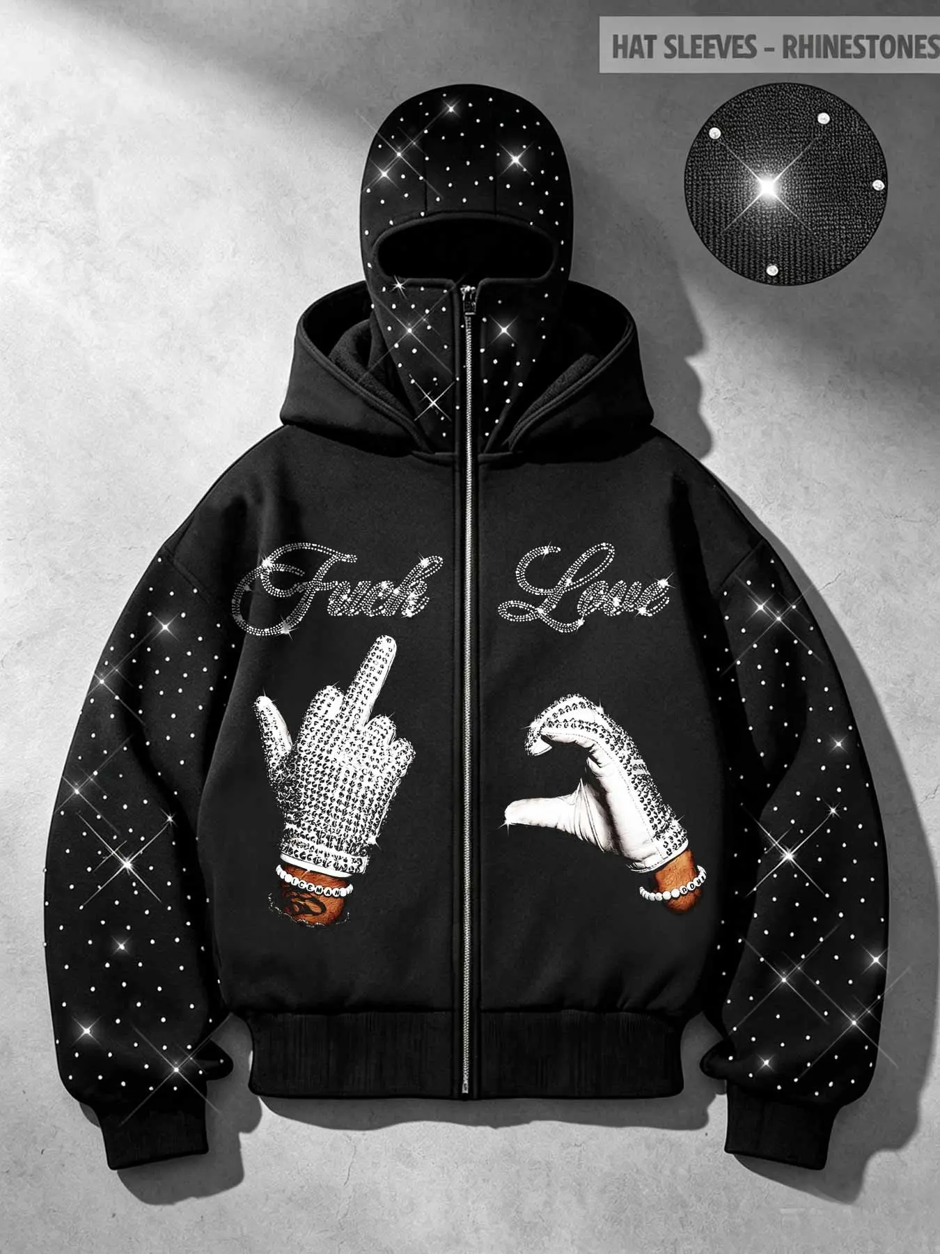 Y2K rhinestone balaclava hat men's zip-up cardigan hoodie, unisex style, sparkly diamond glove pattern warm fleece jacket, double-hooded hip-hop street style black sweatshirt.