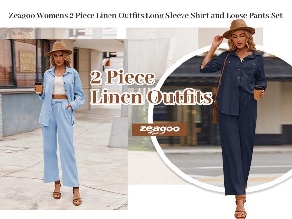 ZEAGOO Women's 2-Piece Linen Set - Button Down Shirt & Drawstring Long Pants, Summer Corporate Girlie Outfits, Black Friday Basic Fabric