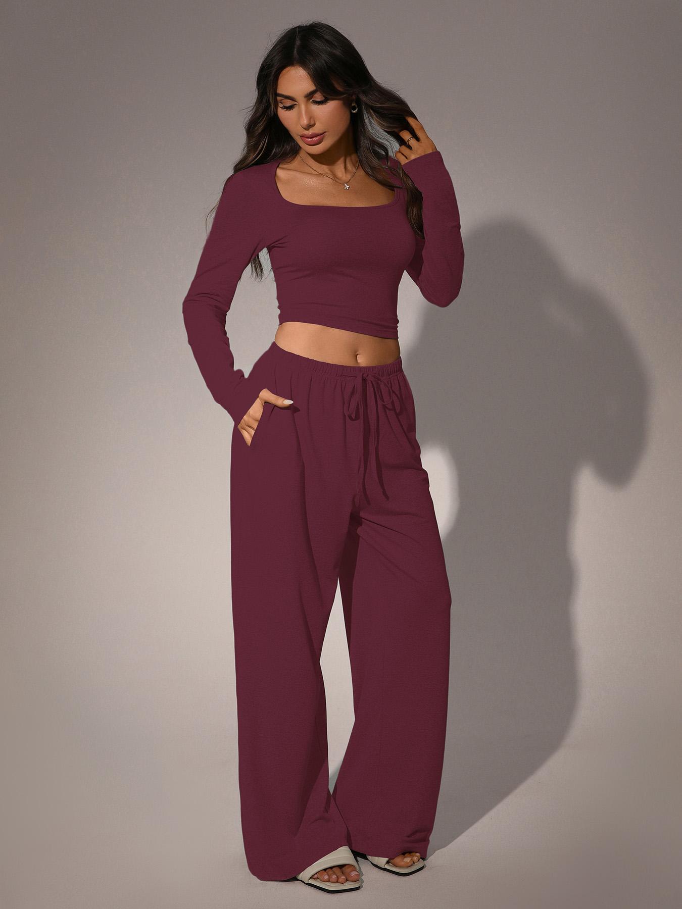 Women's 2 Piece Matching Lounge Set, Square Neck Long Sleeve Crop Top, High Waisted Wide Leg Drawstring Pants with Pockets, Casual Sweatsuit