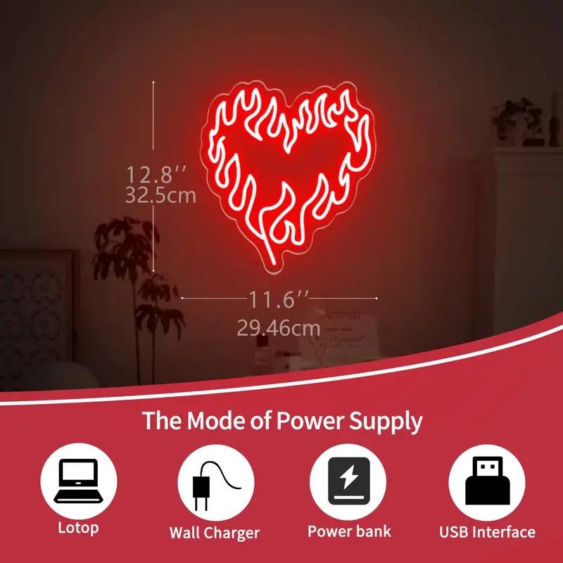 Heart & Flame Pattern Neon Sign, 1 Count USB Powered Neon Light, Decorative Neon Sign for Home Party & Game Room & Bedroom, Led Neon Lights