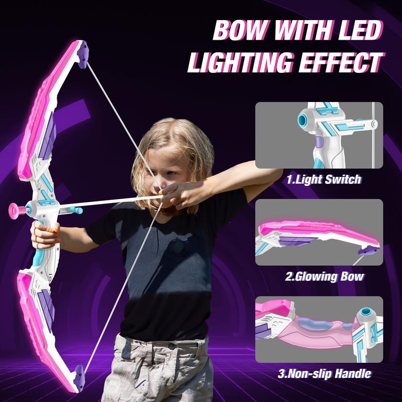2 Pack Bow and Arrow for Kids, LED Light Up Archery Set with 24 Suction Cup Arrows, 2 Hanging Targets, 6 Score Targets & 2 Quiver,Sport Gifts for Girls，Christmas and Birthday Gifts