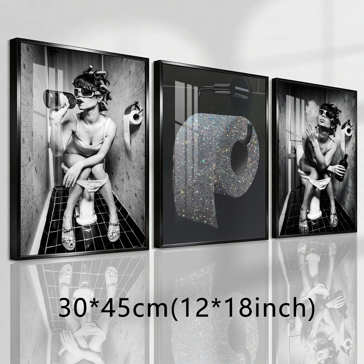 3 Counts Aluminum Alloy Framed Painting, Funny Woman Bathroom Drinking And Smoking Poster, Home Decoration For Living Room, Bedroom, Office, Restaurant, Hallway Wall Decor, Odorless Print Artwork, Luxury Perfect Gift For Friends And Family