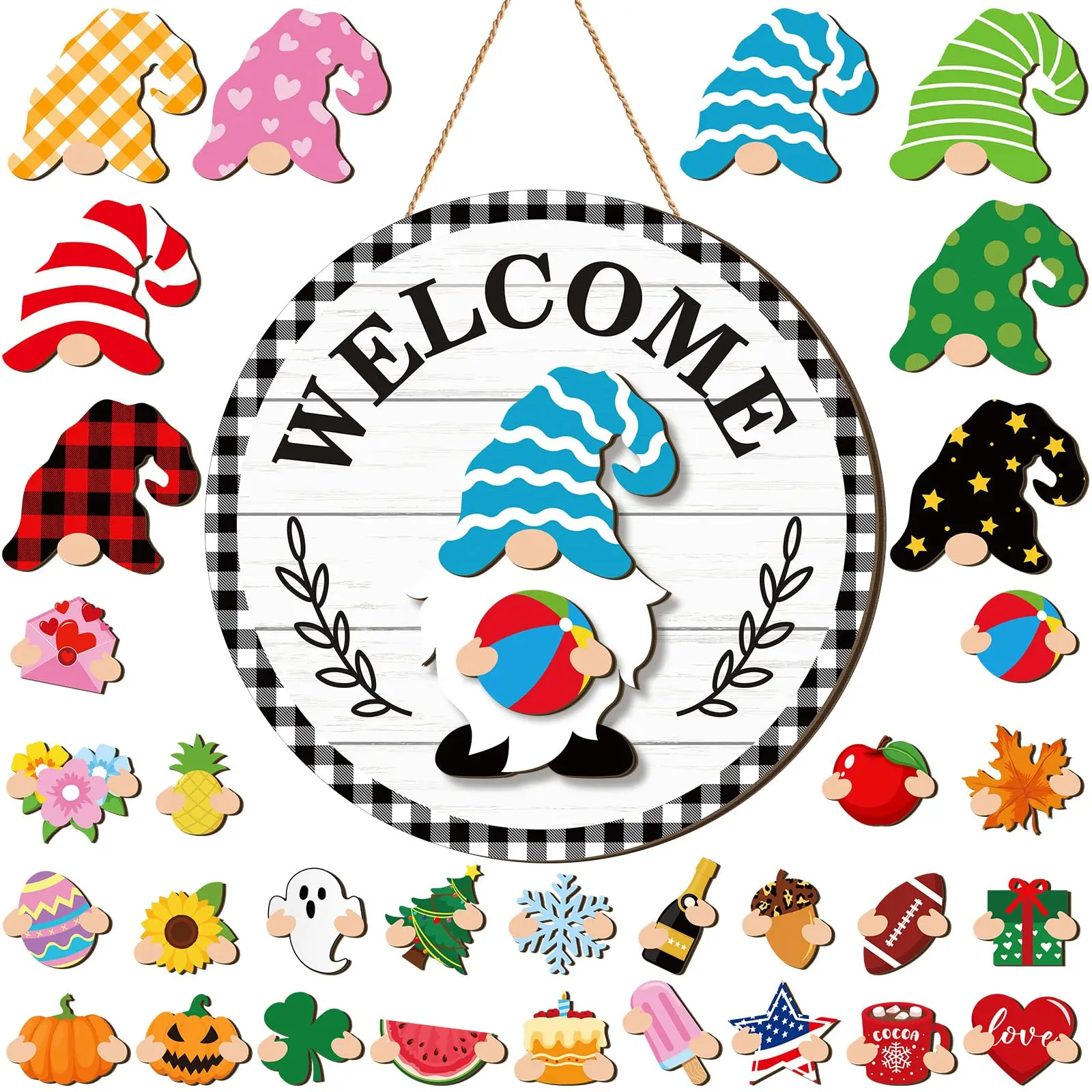 Black Buffalo Plaid Gnome Welcome Door Sign - Farmhouse Home Decor, 32PCS Magnetic Interchangeable Seasonal Wooden Cutouts with Swaps, 11.8 in Front Porch Holiday Decor, Front Porch Decor