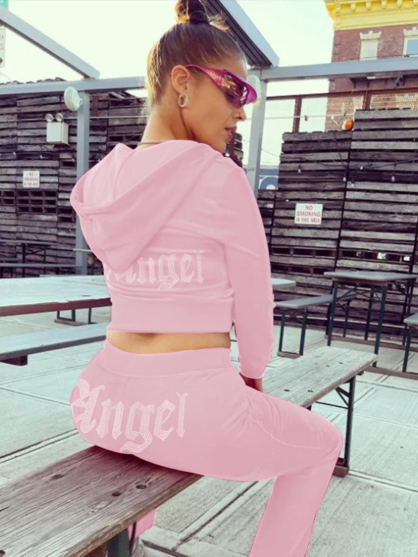 Women's "Angel" Rhinestone Letter Decor Pants Set, Casual Zip Up Hoodie & Elastic Waist Pants Set for Spring & Fall, Women's Clothes