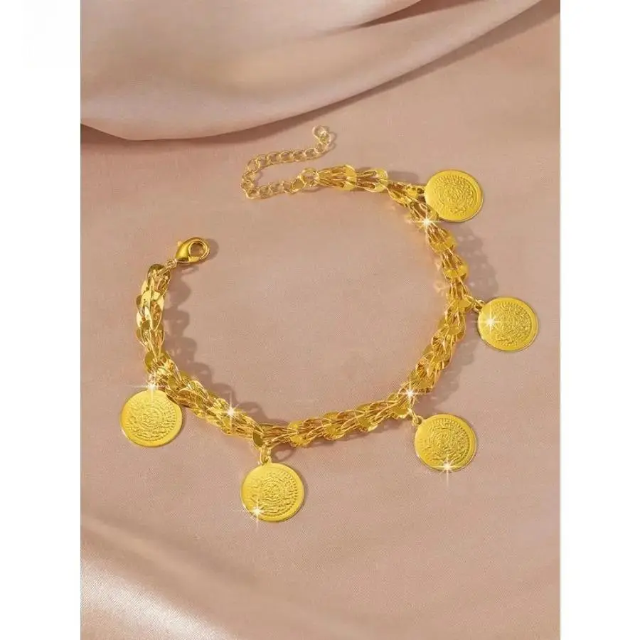 24K Gold Vintage Boho Coin Charm Bracelet - Gold-Tone Woven Link Ancient Coin Hand Chain Adjustable Lightweight Daily Wear Valentine's Day Gift For Women Her