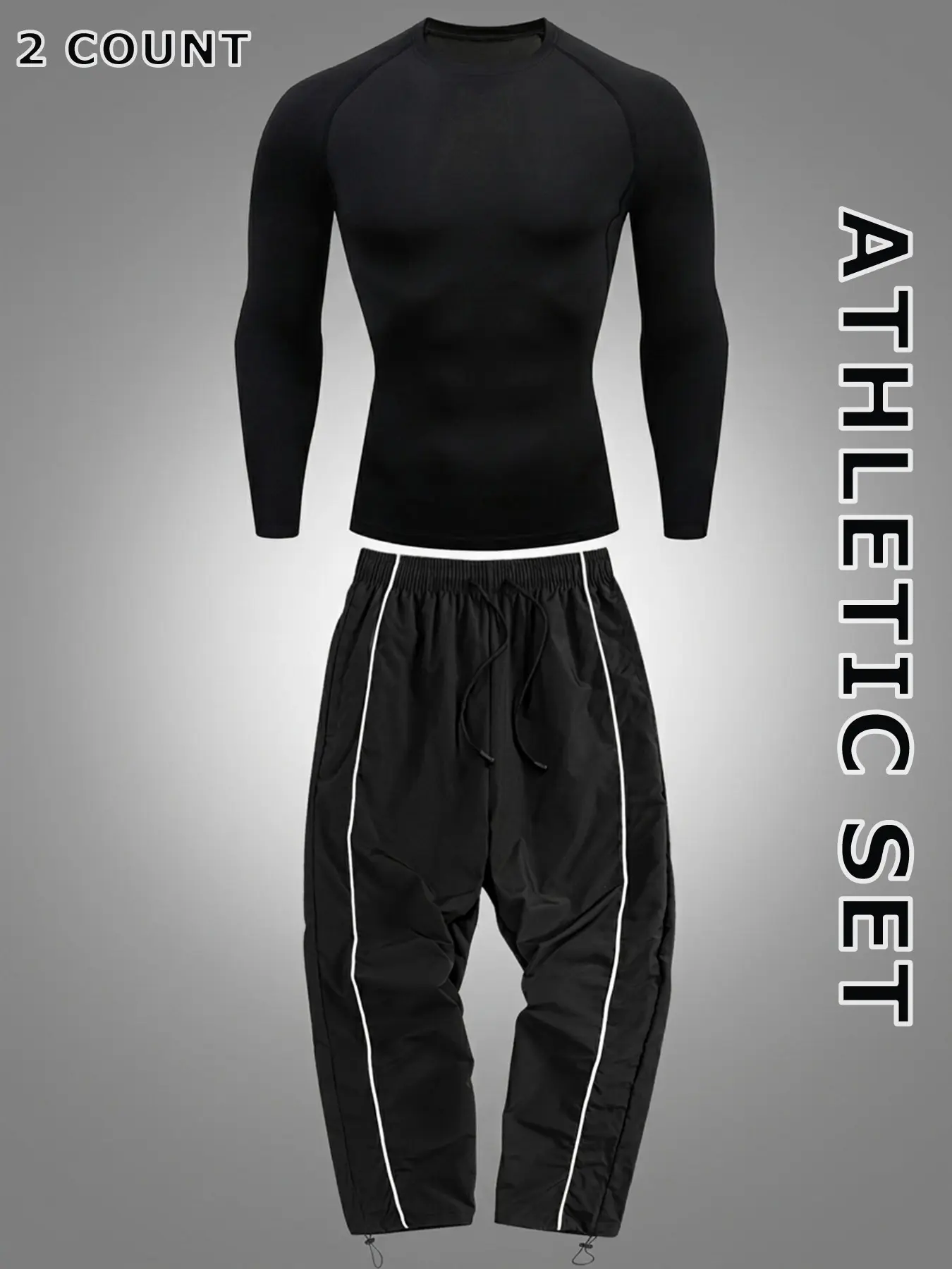 Men's Spring Fall Fitness Workout Running Sport Set, Round Neck Long Sleeve Compression Shirt Tight Fit Tshirt Tees + Drawstring Elastic Waist Pants with Adjustable Cuffs Athleisure Trousers Sweatpants with Side Stripe