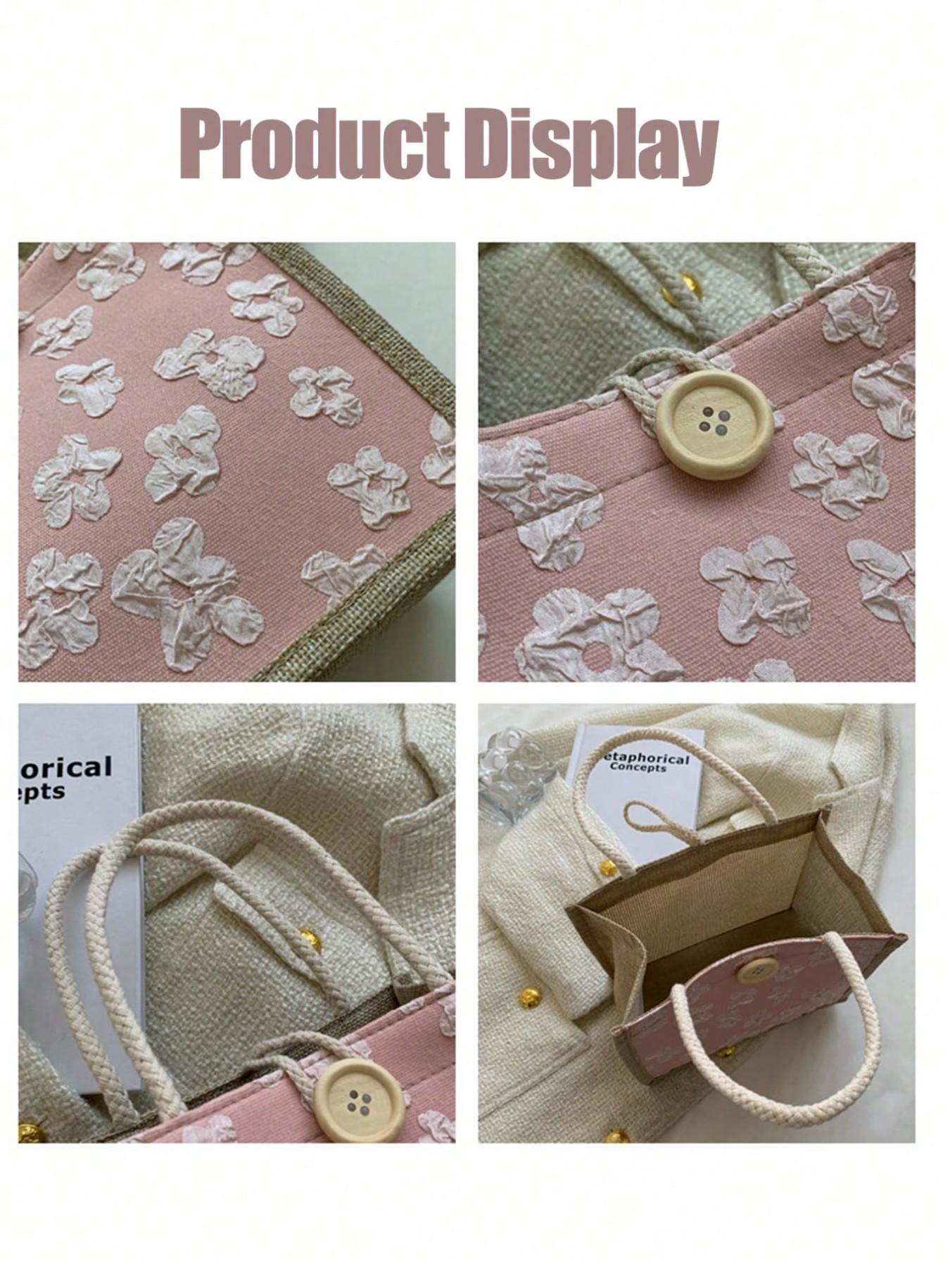 Spanish Religious Quote Jute Tote Bag, 3D Floral Print with Wood Button, Large Capacity Reusable Shoulder Bag, Faith Theme Gift