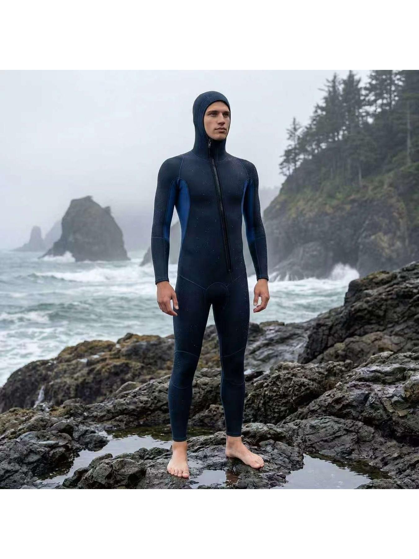 3mm Thickened Warm Wetsuit for Men, One-Piece Hooded Full Suit, Wear-Resistant Diving Suit for Surfing, Snorkeling, Freediving and Jellyfish Protection