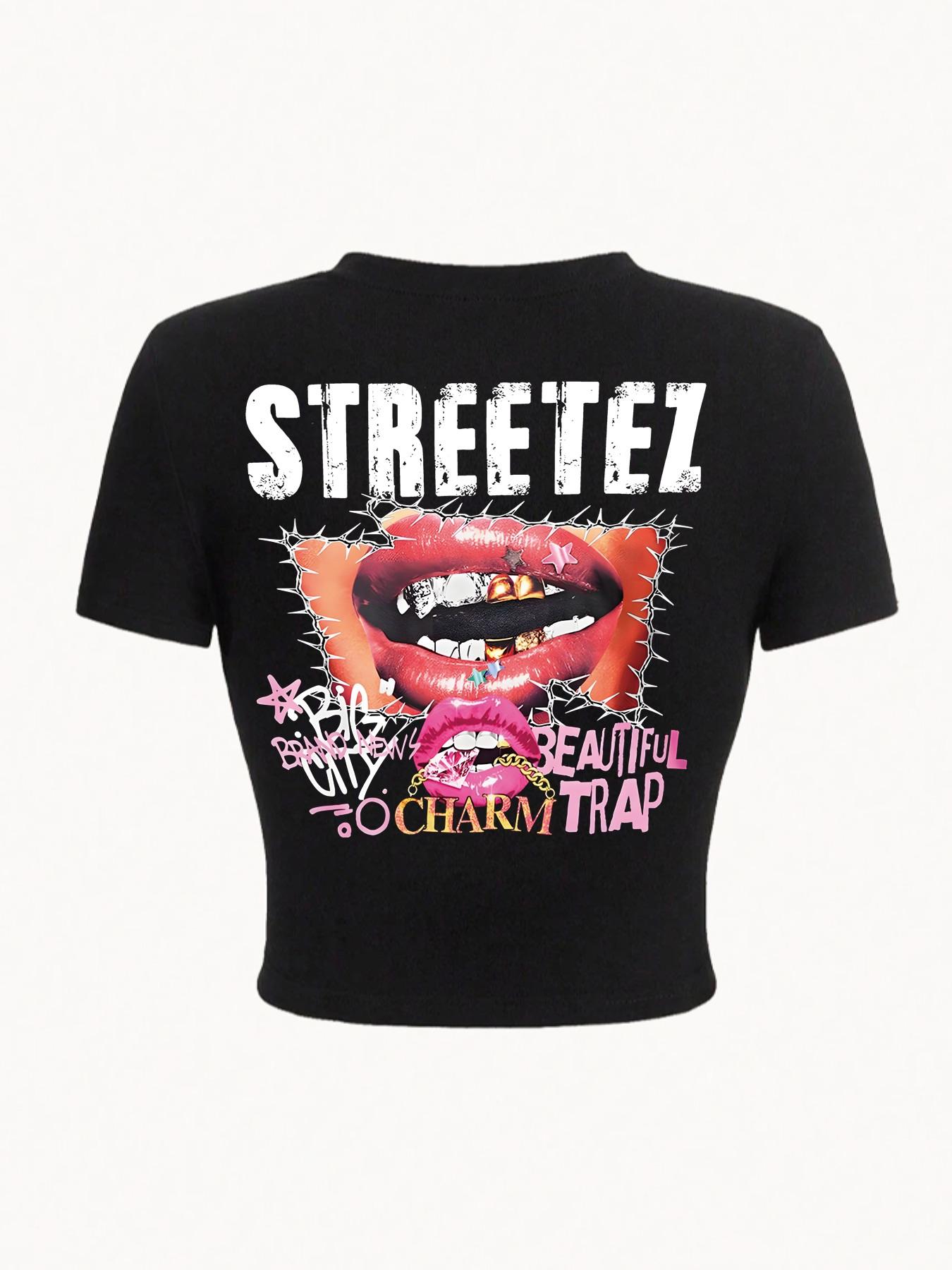 Women's Letter Print Round Neck Short Sleeve Casual Fitted Top, Comfortable Fabric, Versatile Y2K Style for All Seasons