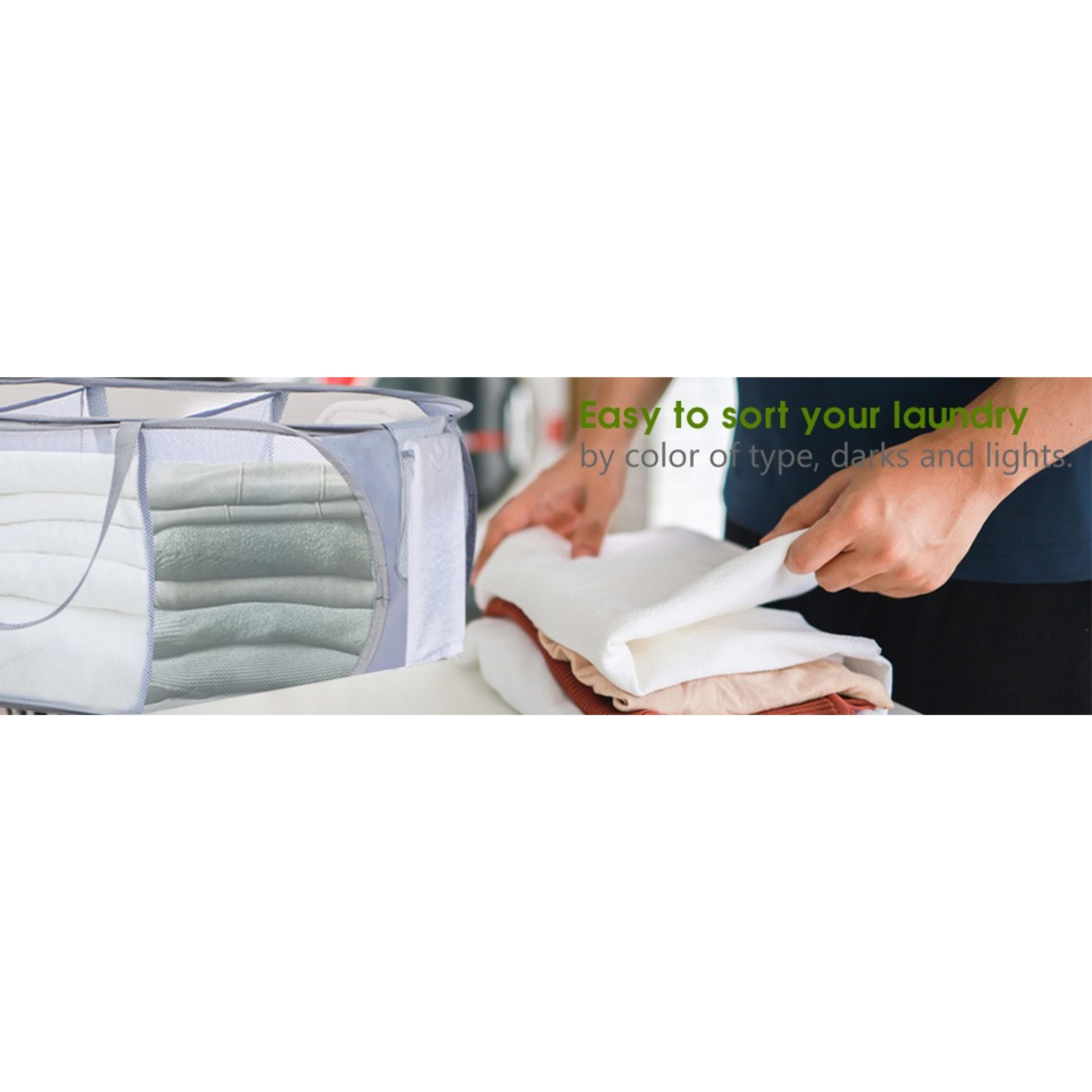 Collapsible Foldable Pop Up Laundry Hamper with 3 Compartments, Handy Pocket, Sturdy Clothes Sorter for Dorm, Kids Room, Travel - GreyGift