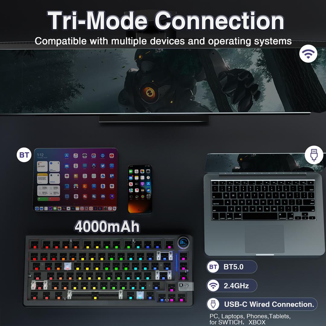 Ki75 Wireless Mechanical Gaming Keyboard Kit, Aluminum Barebones Keyboard Base, 75% Layout Gasket Hot Swappable Custom Keyboard RGB Backlit with Knob, Tri-Mode BT5.0/2.4GHz/USB-C Wired for PC FallFreshness