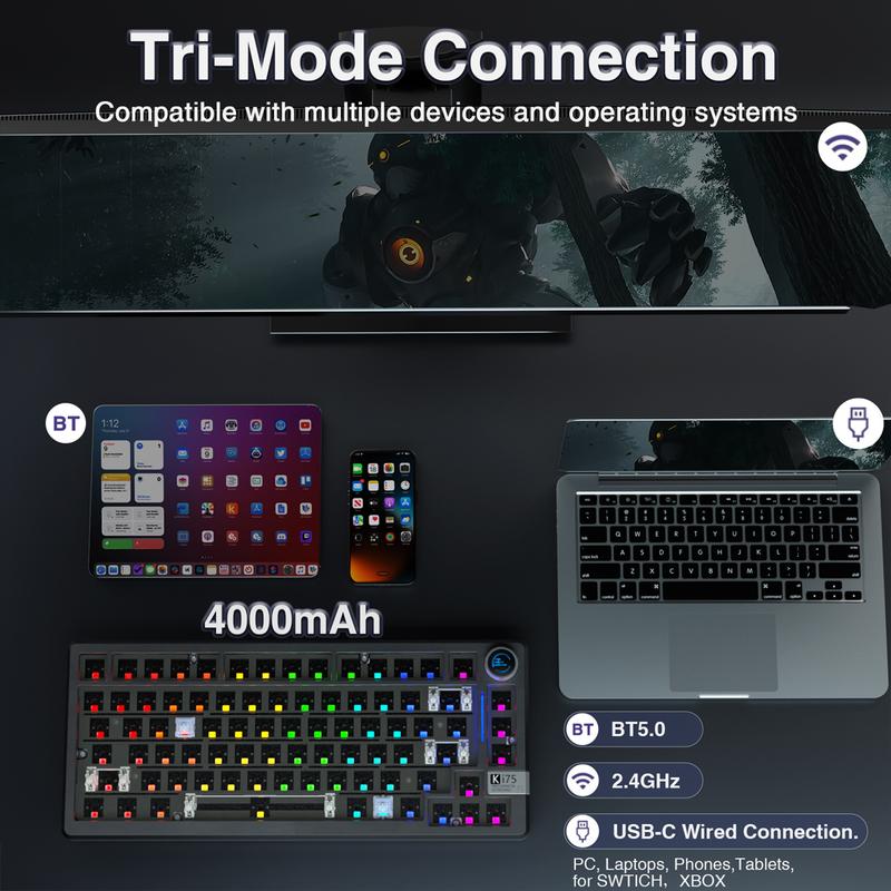 Ki75 Wireless Mechanical Gaming Keyboard Kit, Aluminum Barebones Keyboard Base, 75% Layout Gasket Hot Swappable Custom Keyboard RGB Backlit with Knob, Tri-Mode BT5.0/2.4GHz/USB-C Wired for PC FallFreshness