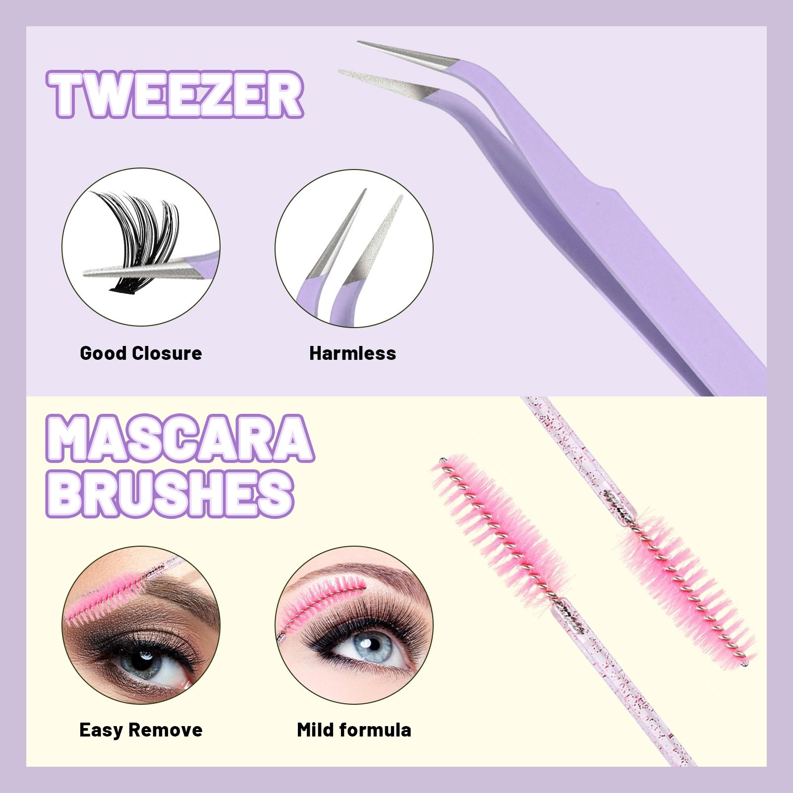 Lash Clusters Kit, 570 Pcs 6 Styles Eyelashes Clusters Extensions Kit 8-16mm Individual Lashes D Curl Thick Wispy Cosmetic False Eyelashes Thin Band, with Eyelash Extension Glue LashBond&Seal Tweezers Brush DIY At Home