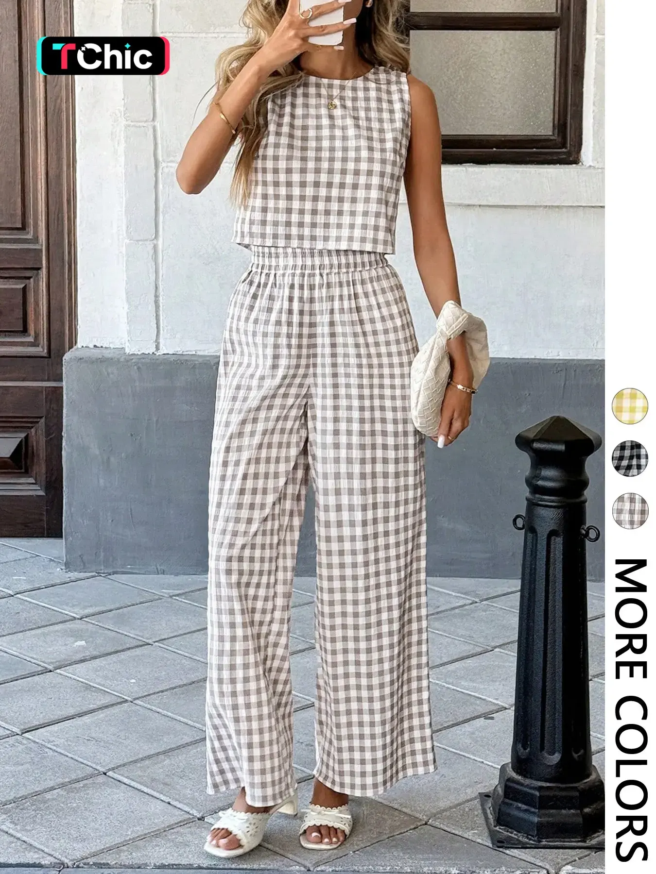 Women's Casual Fashion Vacation Set, Matching Set Outfit, Baggy Plaid Sleeveless Vest with Back Buttons and Loose Long Pants Two-Piece Set