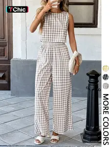 Women's Casual Fashion Vacation Set, Sleeveless Vest with Back Buttons and Loose Long Pants Two-Piece Set