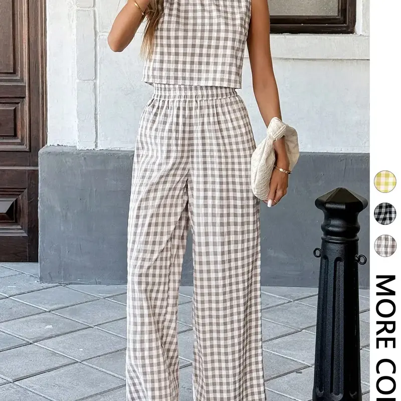 Women's Casual Fashion Vacation Set, Matching Set Outfit, Baggy Plaid Sleeveless Vest with Back Buttons and Loose Long Pants Two-Piece Set