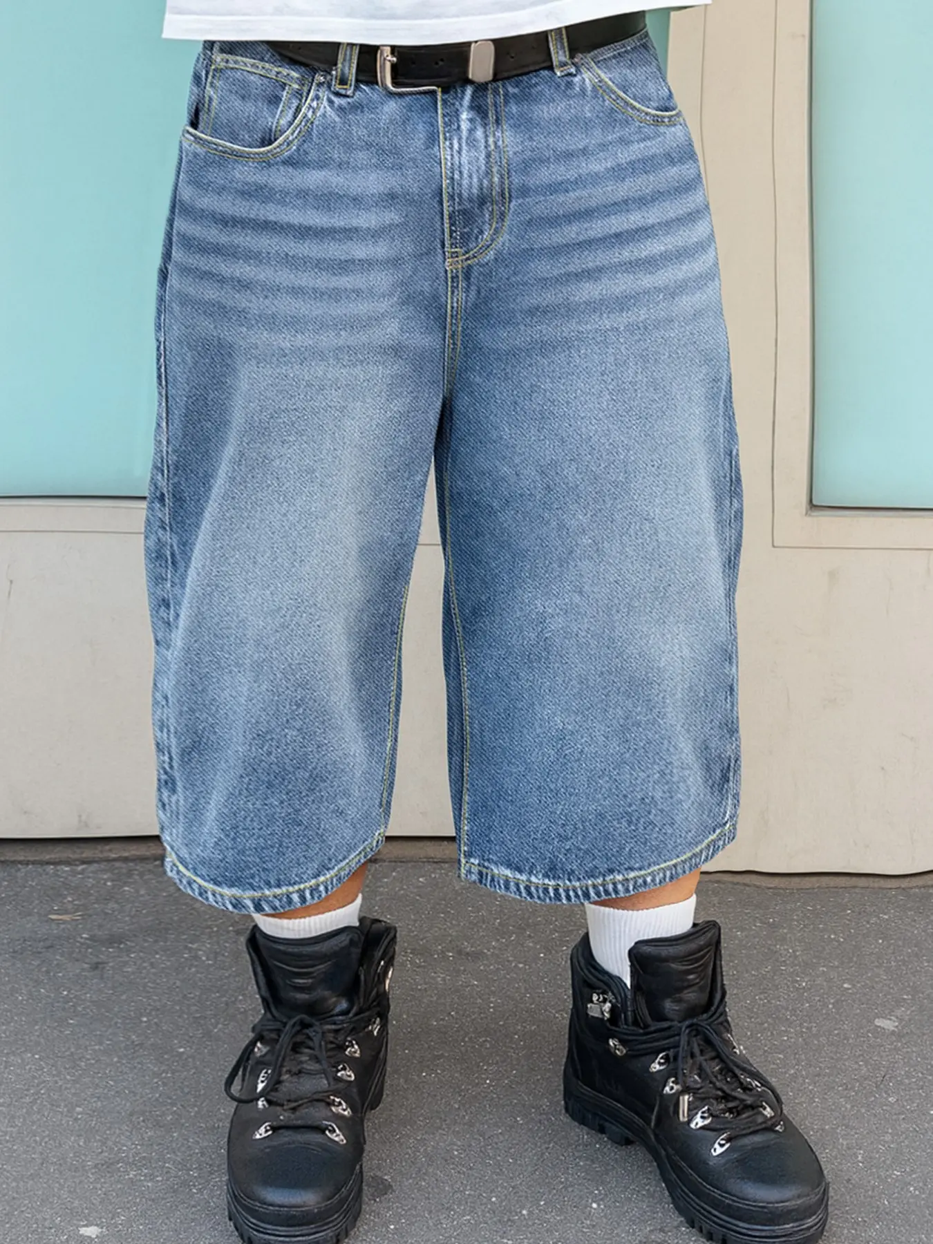 Men's 1 Piece Light Wash Denim Jorts, Loose Wide Leg Knee Length, Classic Hip Hop Streetwear, Ideal for Daily Wear, Spring Summer Style