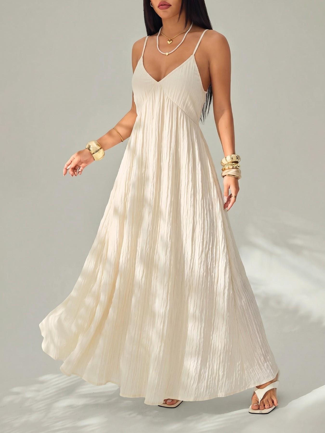 White Crinkle Texture V-Neck Halter Maxi Dress - 2026 Trending Chic Summer  Beach Style, Soft Flowy